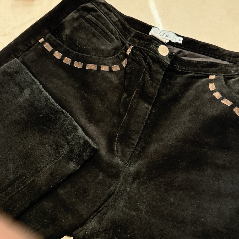 Vintage Itw Black Suede Leather Pants Straight Leg Pocket Detail Western Biker‎